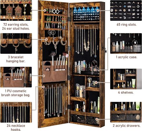 Tektalk Jewelry Cabinet with 3 Groove Mirror Lamps, Full Length Mirror, Wall / Door Mounted Jewelry Armoire Organizer with 3 Color Outside LED Lights & Interior 6 LEDs Light - Brown in Kuwait