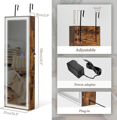 Tektalk Jewelry Cabinet with 3 Groove Mirror Lamps, Full Length Mirror, Wall / Door Mounted Jewelry Armoire Organizer with 3 Color Outside LED Lights & Interior 6 LEDs Light - Brown in Kuwait