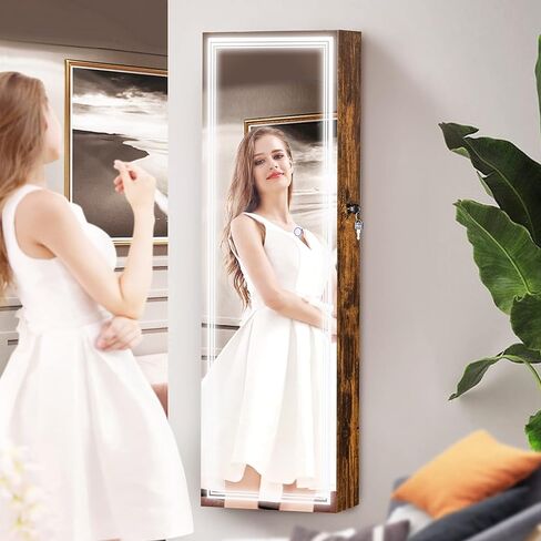 Tektalk Jewelry Cabinet with 3 Groove Mirror Lamps, Full Length Mirror, Wall / Door Mounted Jewelry Armoire Organizer with 3 Color Outside LED Lights & Interior 6 LEDs Light - Brown in Kuwait