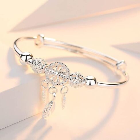 Fuqimanman2020 Silver Dream Catcher Feather Tassel Bracelet Bangle Adjustable Bar for Women Girls Friendship Christmas Mother's Day Jewelry in Saudi Arabia