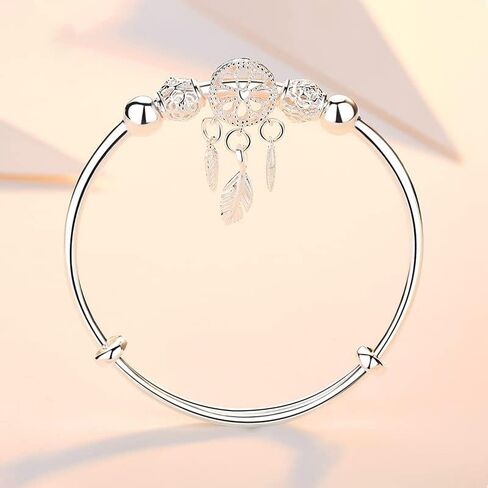 Fuqimanman2020 Silver Dream Catcher Feather Tassel Bracelet Bangle Adjustable Bar for Women Girls Friendship Christmas Mother's Day Jewelry in Saudi Arabia