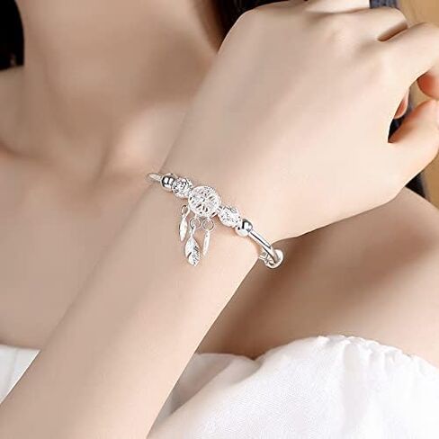 Fuqimanman2020 Silver Dream Catcher Feather Tassel Bracelet Bangle Adjustable Bar for Women Girls Friendship Christmas Mother's Day Jewelry in Saudi Arabia
