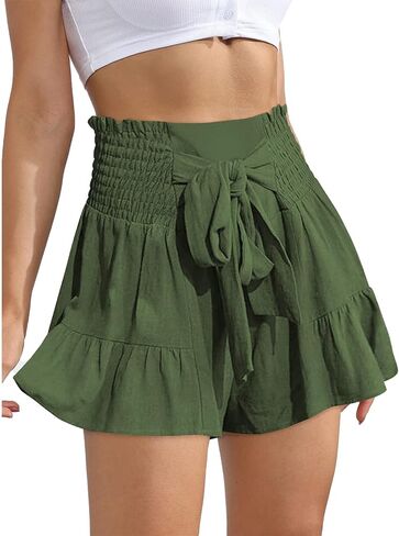 PDLCVD High Waisted Wide Leg Shorts for Women Elastic Waist Shorts Women Ruffle Shorts with Bow Tie in Kuwait