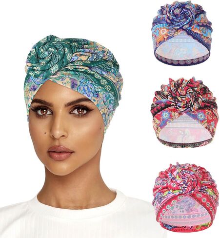 Bohend African Pattern Knot Headwrap Cap Colorful Pre Tied Beanie Boho Turbans Bonnet Flower Stretch Women Headscarf Hat 4Ps in Kuwait