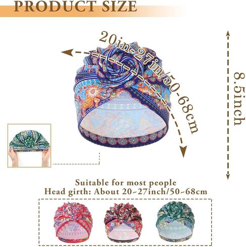 Bohend African Pattern Knot Headwrap Cap Colorful Pre Tied Beanie Boho Turbans Bonnet Flower Stretch Women Headscarf Hat 4Ps in Kuwait