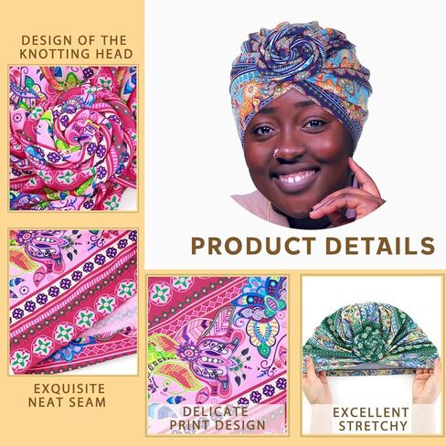 Bohend African Pattern Knot Headwrap Cap Colorful Pre Tied Beanie Boho Turbans Bonnet Flower Stretch Women Headscarf Hat 4Ps in Kuwait