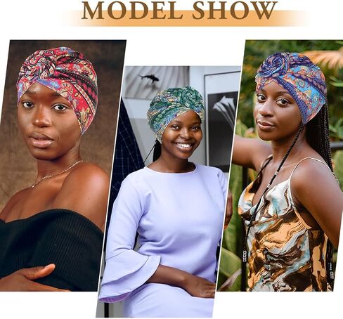 Bohend African Pattern Knot Headwrap Cap Colorful Pre Tied Beanie Boho Turbans Bonnet Flower Stretch Women Headscarf Hat 4Ps in Kuwait