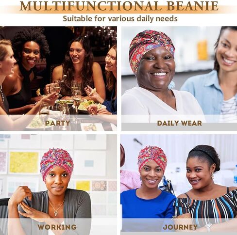 Bohend African Pattern Knot Headwrap Cap Colorful Pre Tied Beanie Boho Turbans Bonnet Flower Stretch Women Headscarf Hat 4Ps in Kuwait
