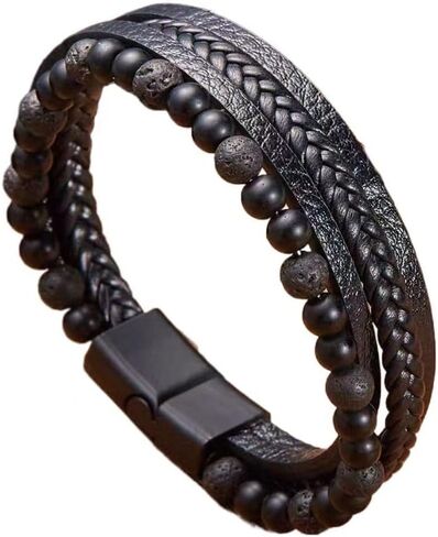 WYLYFALB Vintage Men's Multi layered Handwoven Bracelet Natural Stone Leather Men's Bracelet Leather Beaded Bracelet in Saudi Arabia