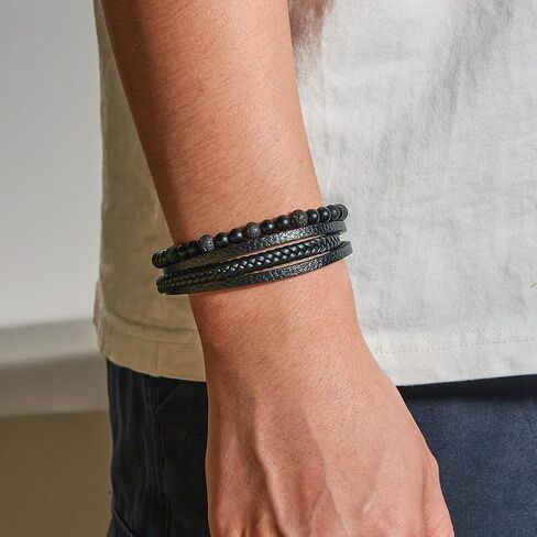 WYLYFALB Vintage Men's Multi layered Handwoven Bracelet Natural Stone Leather Men's Bracelet Leather Beaded Bracelet in Saudi Arabia