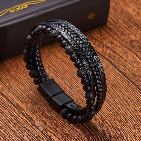 WYLYFALB Vintage Men's Multi layered Handwoven Bracelet Natural Stone Leather Men's Bracelet Leather Beaded Bracelet in Saudi Arabia