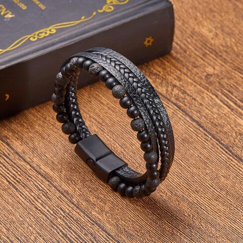 WYLYFALB Vintage Men's Multi layered Handwoven Bracelet Natural Stone Leather Men's Bracelet Leather Beaded Bracelet in Saudi Arabia