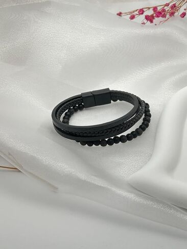 WYLYFALB Vintage Men's Multi layered Handwoven Bracelet Natural Stone Leather Men's Bracelet Leather Beaded Bracelet in Saudi Arabia