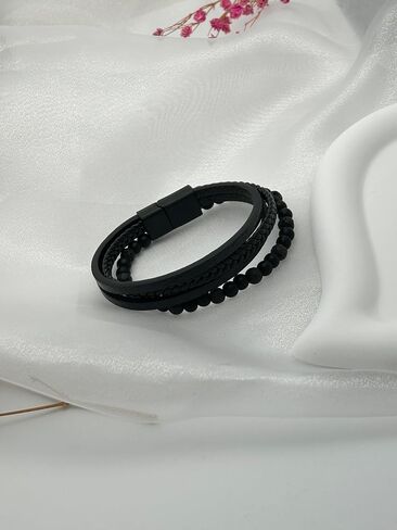 WYLYFALB Vintage Men's Multi layered Handwoven Bracelet Natural Stone Leather Men's Bracelet Leather Beaded Bracelet in Saudi Arabia