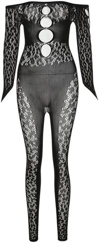 بدلة رومبير نسائية مثيرة بأكمام طويلة مجوفة شفافة من خلال شبكة شفافة بكتف واحد in Kuwait