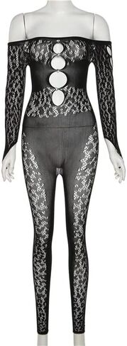 بدلة رومبير نسائية مثيرة بأكمام طويلة مجوفة شفافة من خلال شبكة شفافة بكتف واحد in Kuwait