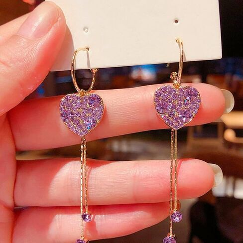Zirconia Heart Tassels Earrings Cz Crystal Love Heart Hoop Earrings Geometric Heart Dangle Earrings for Women Girls Birthday Jewelry Gift in Saudi Arabia