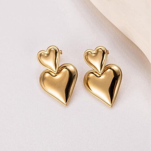 LOREMOW Stainless Steel Double Heart Drop Earrings for Women Girls Love Heart Statement Dangle Earrings Gold Heart Earrings in Kuwait