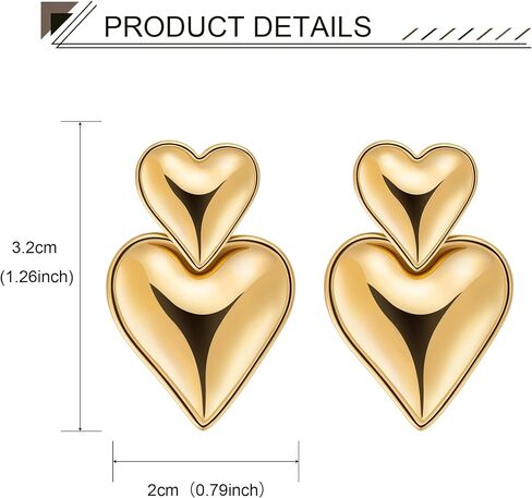 LOREMOW Stainless Steel Double Heart Drop Earrings for Women Girls Love Heart Statement Dangle Earrings Gold Heart Earrings in Kuwait