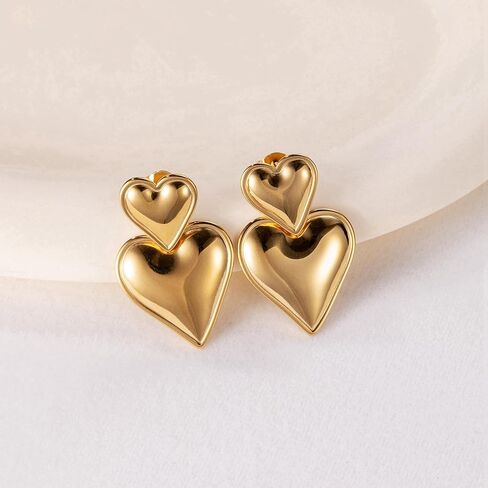 LOREMOW Stainless Steel Double Heart Drop Earrings for Women Girls Love Heart Statement Dangle Earrings Gold Heart Earrings in Kuwait