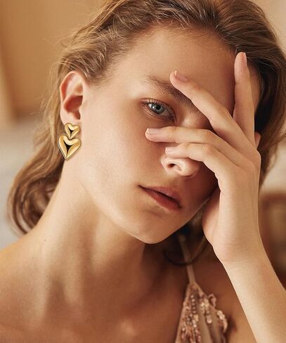 LOREMOW Stainless Steel Double Heart Drop Earrings for Women Girls Love Heart Statement Dangle Earrings Gold Heart Earrings in Kuwait