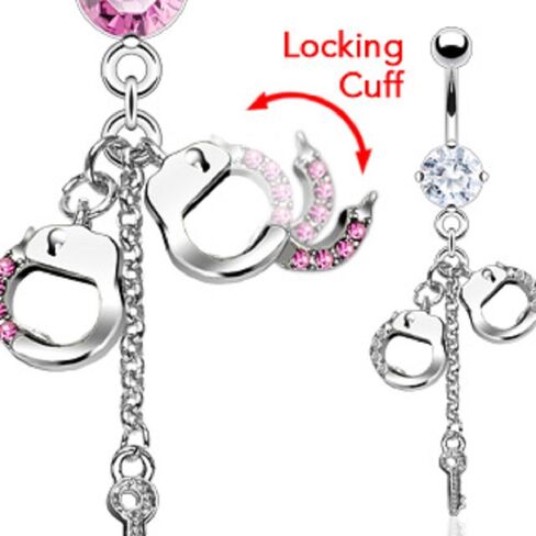Pierced Owl - 14GA 316L Stainless Steel CZ Crystal Dangling Handcuffs Belly Button Ring in Saudi Arabia