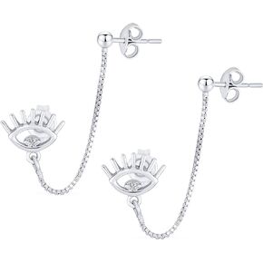 Helix Chain Earlobe CZ Pink Butterfly Tree of Life Evil Eye Double Pierced Cartilage Hoop Stud Earrings Set For Women Teens .925 Sterling Silver Body Piercing