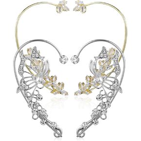 2 Pair Elf Ear Cuffs Rhinestone Butterfly Ear Cuff Costume Accessories for Fantasy Fairy Halloween Costume