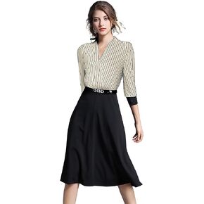 LAI MENG FIVE CATS Women's V Neck Business Striped/Gingham/Solid Work A line Midi Dress