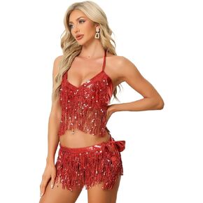 Allegra K Women's Sequins Tassel Crop Top Mini Skirts Sparkly Dance Shiny Set
