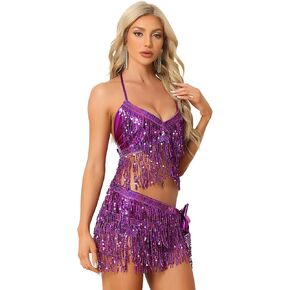 Allegra K Women's Sequins Tassel Crop Top Mini Skirts Sparkly Dance Shiny Set