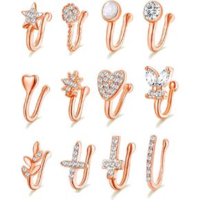 Fxiqini 12 قطعة من أساور الأنف الصناعية الأفريقية غير المثقوبة المرصعة بالزركونيا المكعبة على حلقة الأنف على شكل نجمة زهرة ورقة قلب CZ على شكل حلقة أنف وهمية للنساء والرجال باللون الفضي والذهبي الوردي in Kuwait