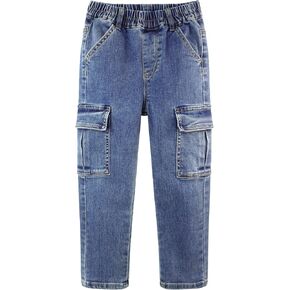 KIDSCOOL SPACE Boys Jeans,Little Big Girls Elastic Waist with D-Ring Cargo Stretch Denim Pants