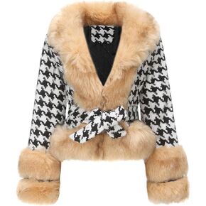 Cropped Houndstooth Blazer Women Fashion Casual Outerwear Zip Up Winter Coat With Fuzzy Faux Fur Collar JNZJK019
