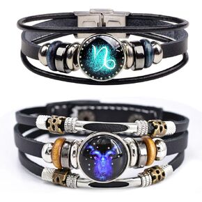 HUASAI 2Pcs Zodiac Leather Bracelets for Men Women Capricorn Aquarius Pisces Aries Taurus Gemini Bracelets Multilayer Constellation Bracelets Zodiac Sign Wrap Bracelets Birthday Gifts for Girls Boys