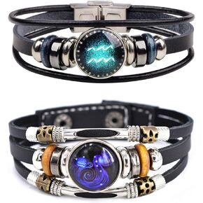 HUASAI 2Pcs Zodiac Leather Bracelets for Men Women Capricorn Aquarius Pisces Aries Taurus Gemini Bracelets Multilayer Constellation Bracelets Zodiac Sign Wrap Bracelets Birthday Gifts for Girls Boys