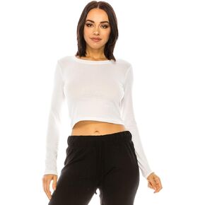 Women's Crop T Shirt - Long Sleeve Crewneck Cropped Stretch Casual Solid Yoga Active Workout Tee Tshirt