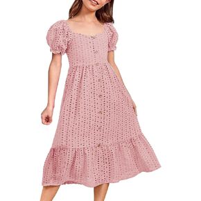 HOSIKA Girls Summer Square Neck Puff Sleeve Boho Ruffle Tiered A-line Casual Party Midi Dress for 6-12 Years