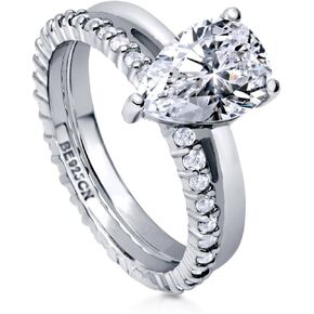 BERRICLE Sterling Silver Solitaire Wedding Engagement Rings 1.8 Carat Pear Cut Cubic Zirconia CZ Ring Set for Women, Rhodium Plated Size 4-10