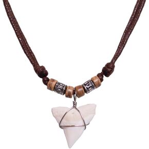 BlueRica Shark Tooth Pendant on Adjustable Cord with Wood Accent Beads Necklace