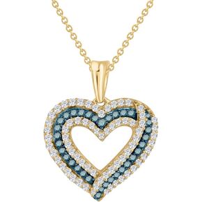 FINEROCK 1/2 Carat Blue Diamond & White Diamond Heart Pendant Necklace in 925 Sterling Silver or 18K Yellow Gold over Sterling Silver