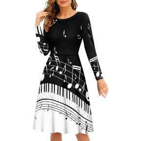 Women's Flowly Fall Dresses Cute Print Round Neck Long Sleeve Loose Dress Knee Length