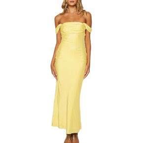 Realtix Elegant Satin Off The Shoulder Ruched Backless Maxi Dress for Women Strapless Tube Sleeveless Fitted Bridesmaid Dress