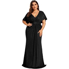Ever-Pretty Plus Women's Glitter V-Neck Short Sleeve Plus Size Evening Formal Dress for Curvy Women 01891-DA