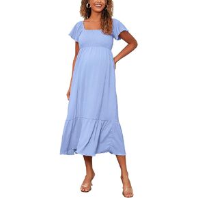 SWEETBUMP Maternity Maxi Dress Flutter Short Sleeve Square Neck Smocked Tiered Ruffle Flowy Boho Maternity Dress