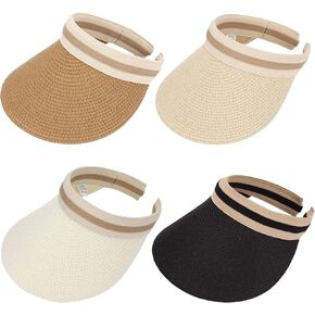 4 Pcs Straw Sun Visor Hat for Women Summer UV Protection Wide Brim Ponytail Straw Beach Cap Women's Style Golf Cap Sun Visors Black