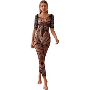 Tender Whisper Women Sexy Crotchless Underwear Hollow Lingerie Babydoll Striped Mesh Sleepwear Half-sleeves Bodystocking