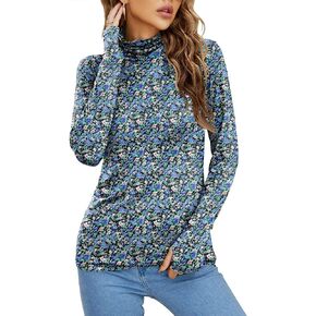 LUYAA Women's Thermal Underwear TopsTurtleneck Lightweight Slim Active Shirts Thumb Holes for Fall Spring S Blue Floral