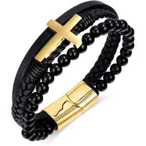 Raymard Mens Christian Cross Leather Bracelet, Black Obsidian Braided Leather Cuff Bangle Bracelet for Men, Stainless Steel Clasp