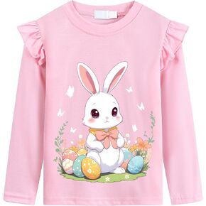Girls Easter Day T Shirt Cute Bunny Easter Egg Tee Gnomes Chicks Happy Easter Clothes Pink Long Sleeves 2-7 Years